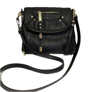 STEVE MADDEN Faux Pebbled Leather Crossbody Bag Purse Black Tassels Zipper Moto